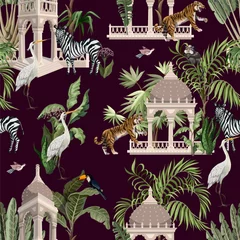 Gordijnen Naadloze patroon met oude prieel en wilde dieren in de jungle. Vector. © Yumeee