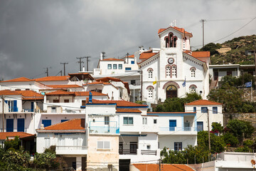 Views of the building Andros island of the Greek Cyclades archipelago in Aegean Sea.