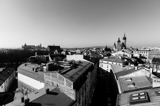 Top view of the old downtown, Krakow, Poland. Black and white photo.