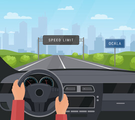 Driving car safety concept vector illustration. Cartoon flat human driver hands drive automobile on asphalt road with speed limit, safe sign on highway. Dashboard inside car interior view background