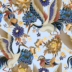 Nahtloses Muster mit Mandarinenten, Blumen und Kränen. Vektor. © Yumeee