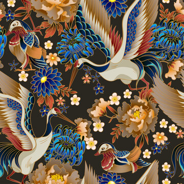 Seamless pattern with mandarin ducks, flowers and cranes. Vector.