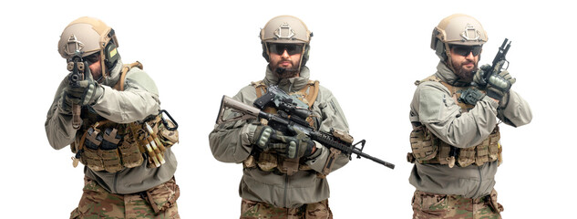 angry soldier in military equipment with a gun screaming on a white background, a commando in...