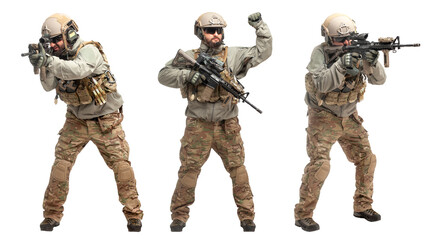 soldier in military equipment with a gun on a white background, a commando in uniform with a gun to...