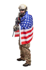 American soldier in uniform with usa flag on a white background, commando with weapons hero of...