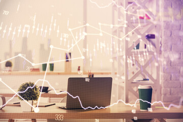 Double exposure of stock market graph drawing and office interior background. Concept of financial analysis.