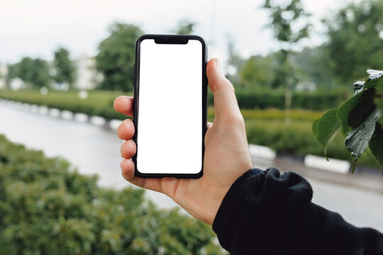 Mockup image of hand holding mobile phone with blank white screen. A man with a smartphone against the background of a city park with trees, green bushes and a road.