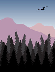 Vector bird silhouette isolated on colored flat cartoon landscape with spruce tree forest and mountains