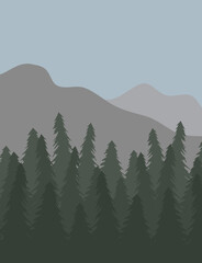 Fototapeta premium Vector flat cartoon landscape with spruce tree forest and mountains