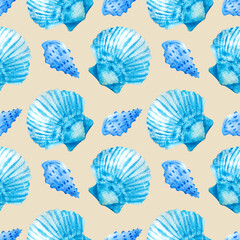 Watercolor seamless patterns with blue seashells on a beige background. Perfect for postcards, patterns, banners, posters, nautical wallpapers, gift wrapping or clothing prints