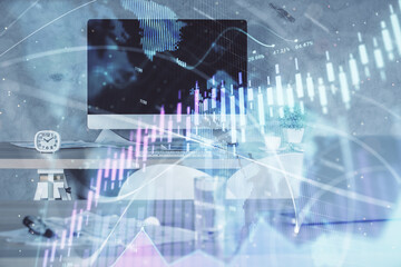 Multi exposure of financial graph drawing and office interior background. Concept of market analysis.