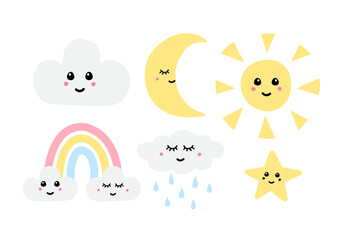 Vector set bundle of colored hand drawn doodle sketch weather symbols with faces isolated on white background