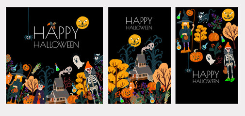 Set of Halloween banner or card with scary elements. Vector cartoon flat illustration.