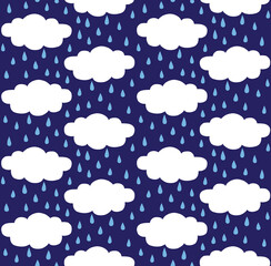 Vector seamless pattern of hand drawn doodle sketch raining clouds with face isolated on blue background