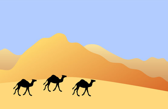 Vector camel silhouette isolated on colored flat cartoon desert sand landscape