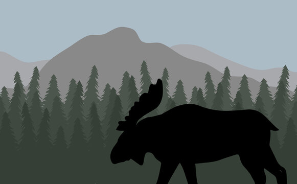 Vector black moose silhouette in flat landscape with spruce tree forest and mountains