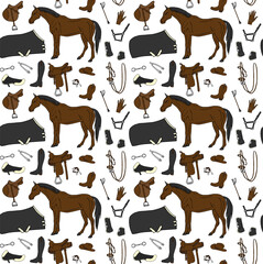 Vector seamless pattern of colored hand drawn doodle sketch horse riding equestrian equipment isolated on white background