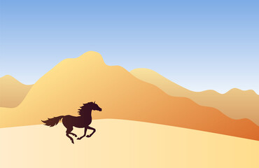 Vector running horse silhouette in colored flat landscape with sand and mountains