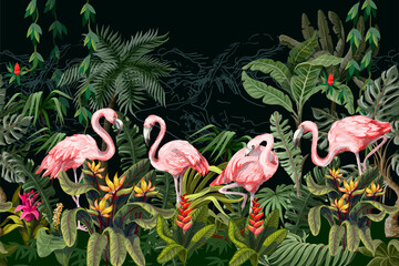 Border with pink flamingo in the jungle. Vector. © Yumeee