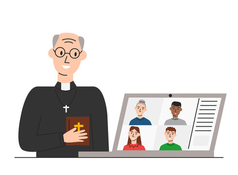 Vector illustration of online church and pastor greeting parishioners isolated. Elderly priest holding holy bible and conducting church services in live. Call conference for praying during quarantine