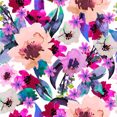 Seamless pattern with watercolor flowers. Trendy floral textile design. Vector.