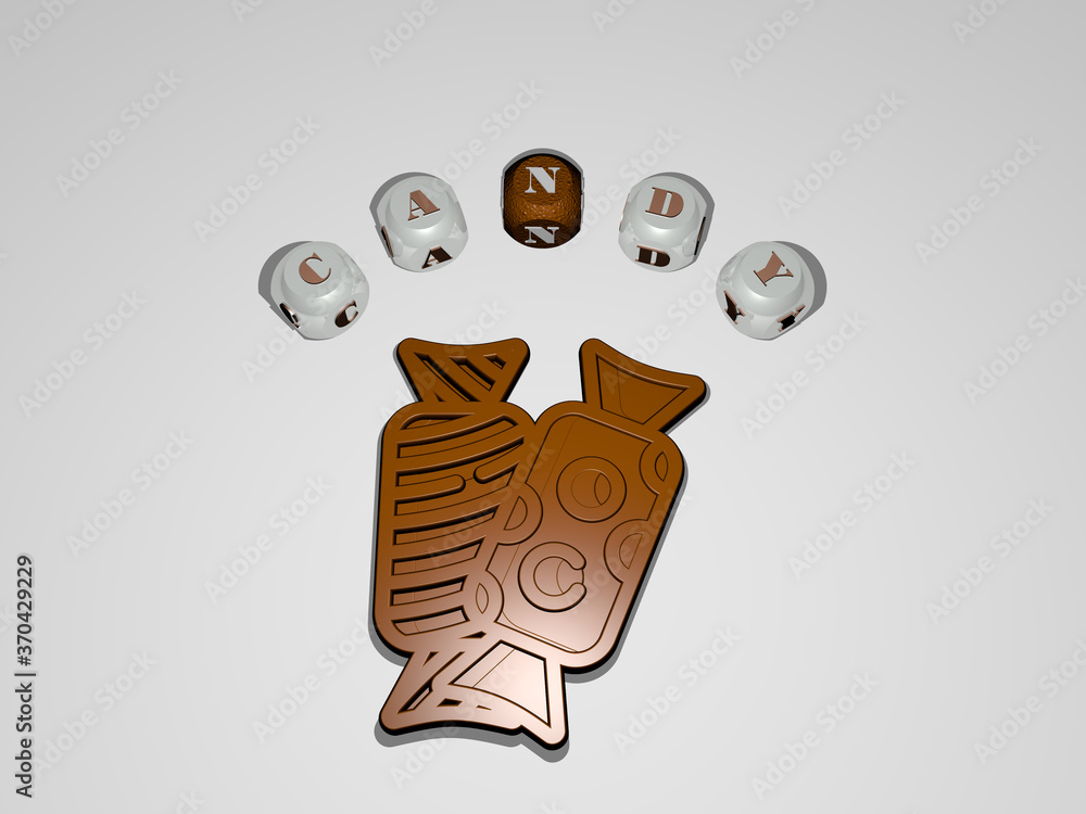 Aufkleber 3d illustration of candy graphics and text around the icon made by metallic dice letters for the rel