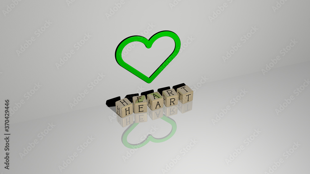 Poster 3d graphical image of heart vertically along with text built by metallic cubic letters from the top 