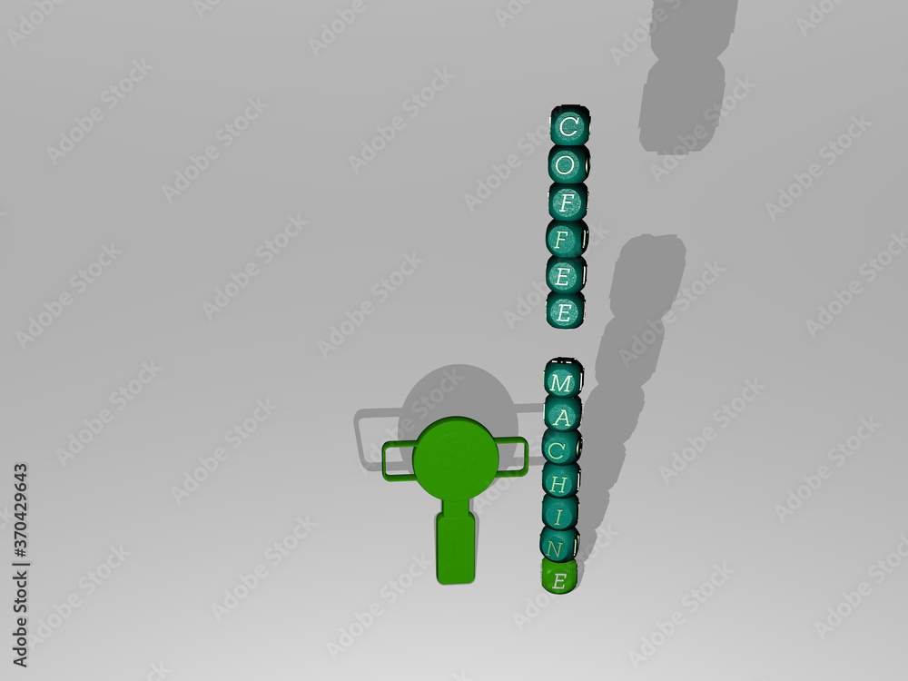 Poster 3d graphical image of coffee machine vertically along with text built around the icon by metallic cu