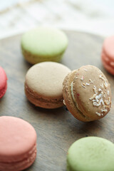 Sweet colorful macarons dessert, almond cake, selected focus.