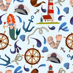 Naklejka premium Samless pattern with sea elements such as mermaid, wave, anchor, lighthouse and other. Vector.