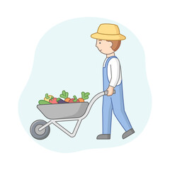 Linear Cartoon Farmer In Hat And Denim Overalls Pushing Wheelbarrow With Vegetables. Young Male Agricultural Worker With A Rural Appliance. Cart Full Of Summer Harvest. Vector Outline Composition