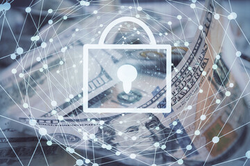 Double exposure of lock drawing over us dollars bill background. Security safe concept.