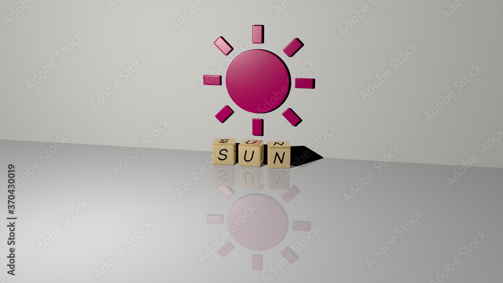 Poster 3D representation of SUN with icon on the wall and text arranged by metallic cubic letters on a mirror floor for concept meaning and slideshow presentation. background and illustration