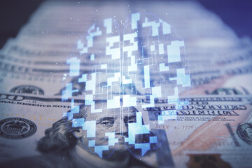 Double exposure of data theme drawing over us dollars bill background. Technology concept.