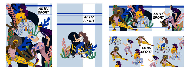 Active sports and fitness. Cycling, dumbbell exercises and jogging. Neutral color scheme and flat simple design.