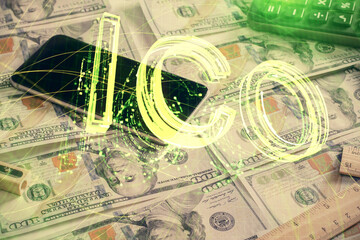 Multi exposure of crypto theme drawing over us dollars bill background. Concept of blockchain success.