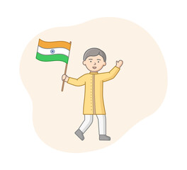Man In Traditional Outfit Keeps Indian Flag. Male Character Wearing Yellow Suit Waves Hand And Smiles On White Background. Vector Minimalist Art With Outline. Nationality Concept Linear Illustration