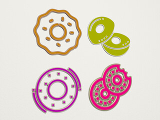 bagel from a perspective on the wall. A thick sculpture made of metallic materials of 3D rendering. bread and illustration