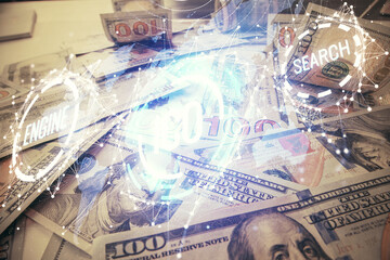 Multi exposure of crypto theme drawing over us dollars bill background. Concept of blockchain success.
