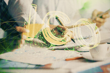 Double exposure of blockchain theme drawing over people taking notes background. Concept of...