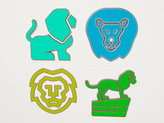 lion on the wall. 3D illustration of metallic sculpture over a white background with mild texture. animal and africa