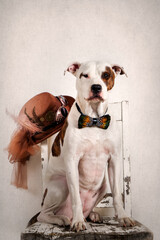Dog Sitting on an Old Chair Wearing a Peacock Feather Bow Tie  in Background a Steampunk Tophat