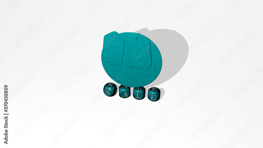 Poster 3d representation of sale with icon on the wall and text arranged by metallic cubic letters on a mir