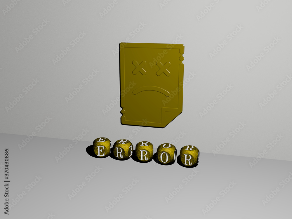 Poster 3d representation of error with icon on the wall and text arranged by metallic cubic letters on a mi