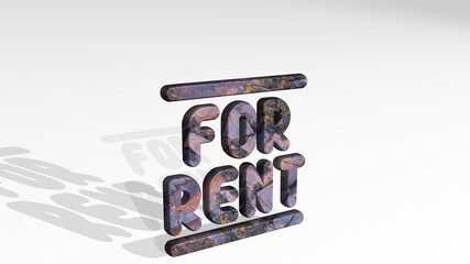 real estate sign for rent made by 3D illustration of a shiny metallic sculpture casting shadow on light background. house and concept