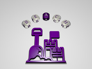 3D illustration of BEACH graphics and text around the icon made by metallic dice letters for the related meanings of the concept and presentations. blue and beautiful