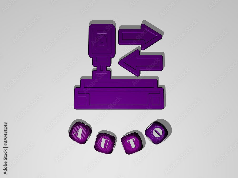 Poster 3d representation of auto with icon on the wall and text arranged by metallic cubic letters on a mir