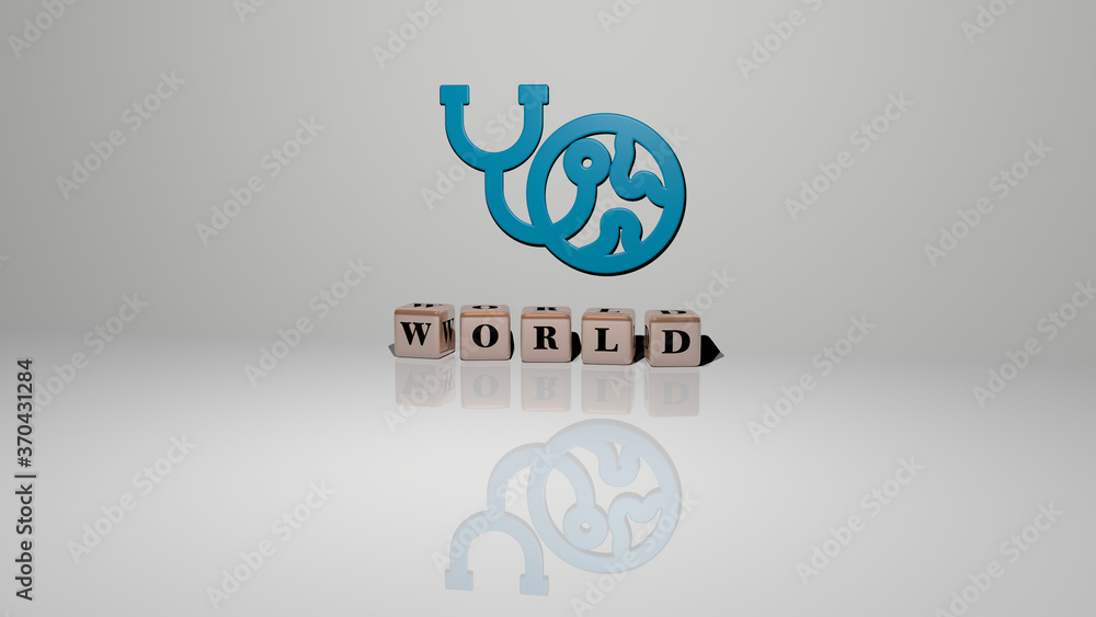 Poster 3d graphical image of world vertically along with text built by metallic cubic letters from the top 