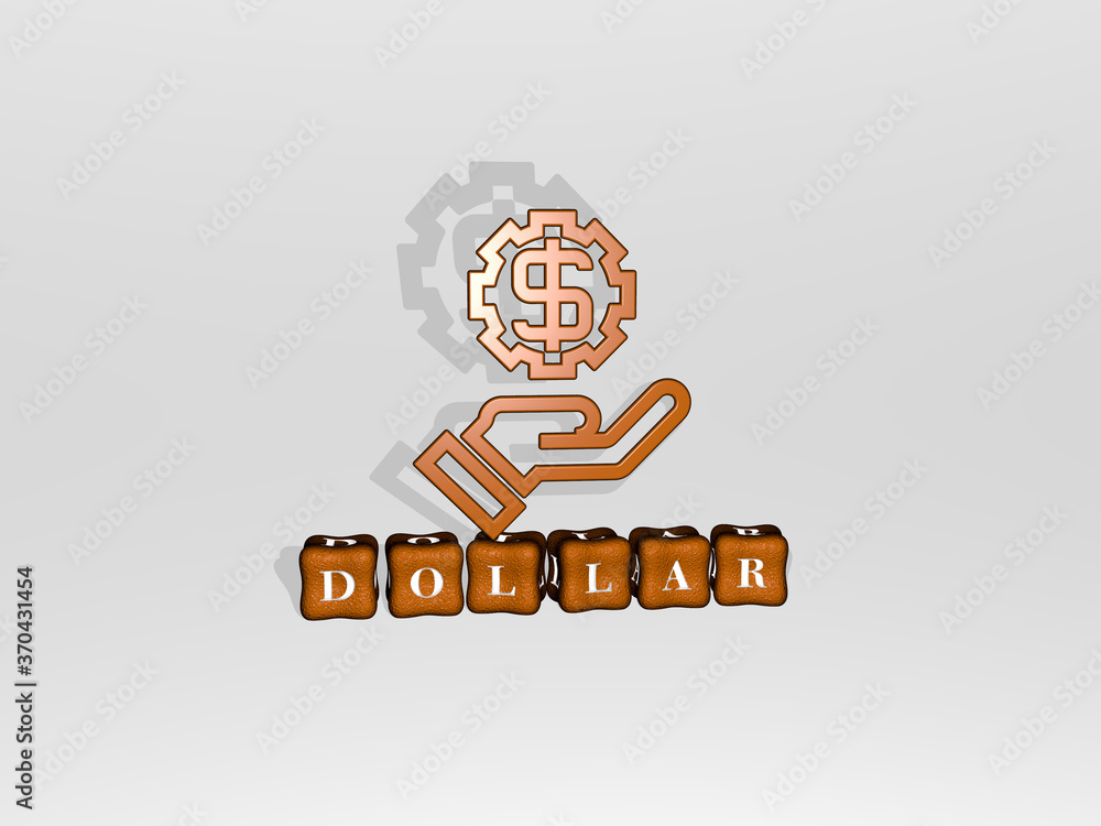 Poster 3d representation of dollar with icon on the wall and text arranged by metallic cubic letters on a m