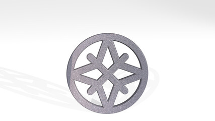 compass made by 3D illustration of a shiny metallic sculpture casting shadow on light background. design and icon